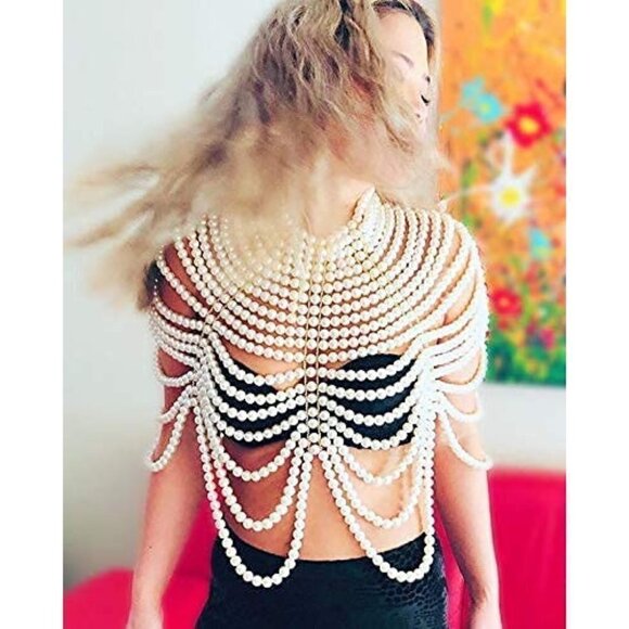 Queen Pearl Body Chain Sexy Bra Fashion Shoulder Necklaces Harness Jewelry Class - Picture 1 of 9